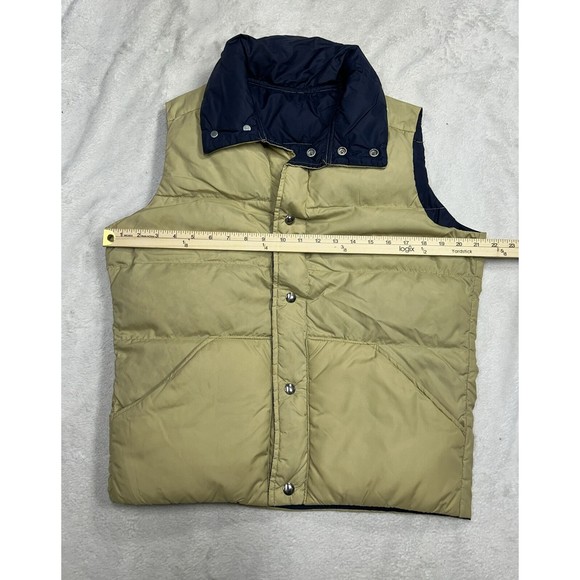 VTG 70s Comfy Brand Reversible Goose Down Beige Blue Snap Puffer Vest Mens Small - Picture 4 of 8